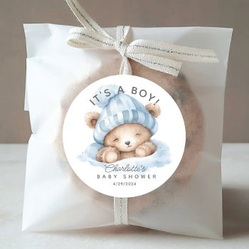 Snuggle Bear Baby Shower It's A Boy Classic Round Sticker by invitationstop at Zazzle