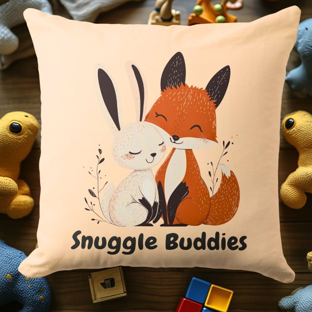 Snuggle Buddies Fox & Bunny | Cozy Animal Friends  Throw Pillow (Creator Uploaded)