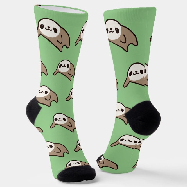 Snuggle Kawaii Brown Sloths: Cozy Green Socks (Angled)