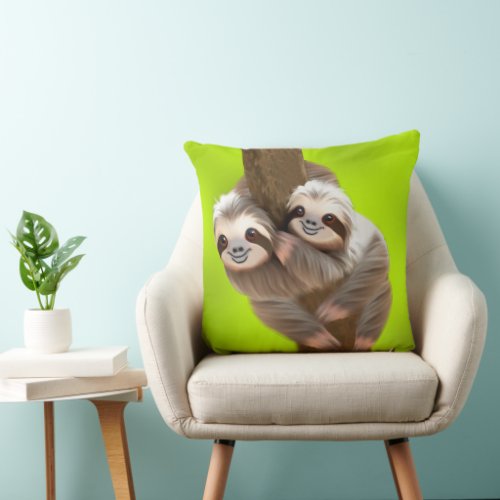 Snuggle of Cute Three_Toed Sloths in the Tree Throw Pillow