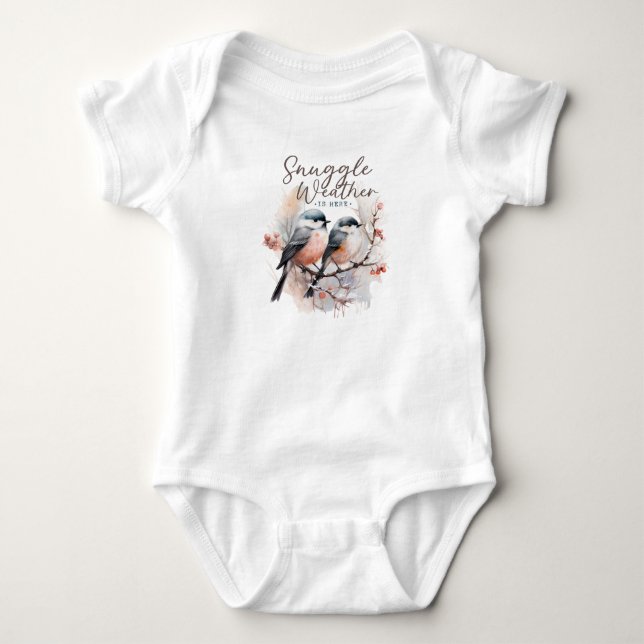Snuggle Weather Is Here, Birds on Branch Christmas Baby Bodysuit (Front)
