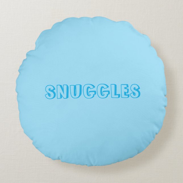 "Snuggles" Light blue Round Pillow (Front)