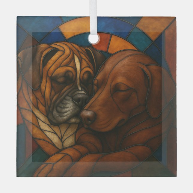 Snuggling Boxer and Chocolate Lab "Stained Glass" Glass Ornament (Front)
