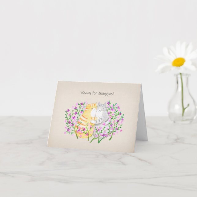 Snuggling Cats in Floral Garden Cute I Love You Card (Small Plant)