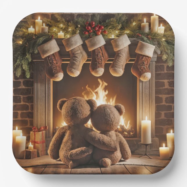 Snuggling Christmas Teddy Bears  Paper Plates (Front)