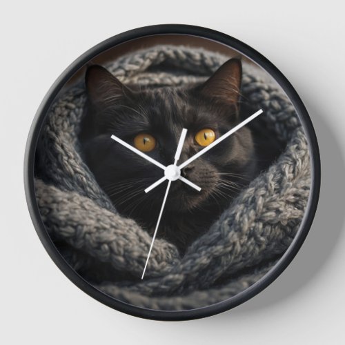 Snuggly Black Cat and Blanket Clock