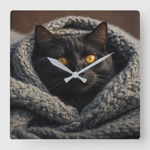 Snuggly Black Cat and Blanket Square Wall Clock