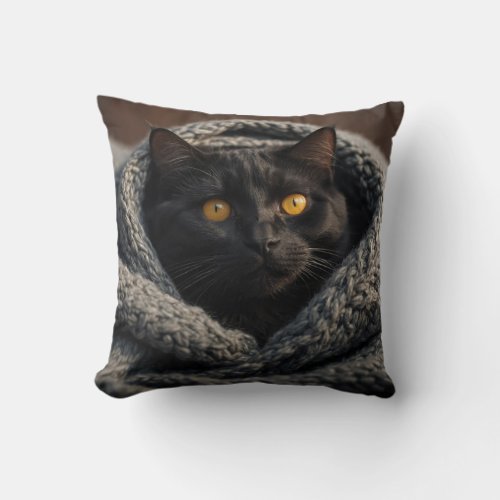 Snuggly Black Cat and Blanket Throw Pillow