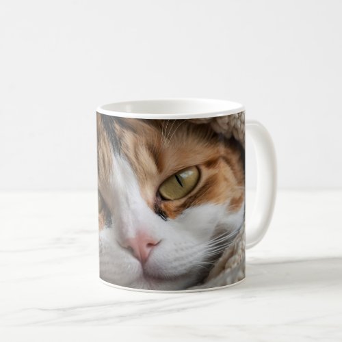 Snuggly Calico Cat and Blanket Coffee Mug