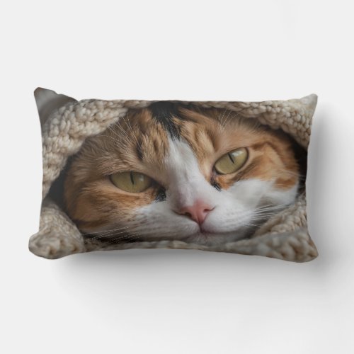 Snuggly Calico Cat and Blanket Lumbar Pillow