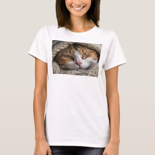 Snuggly Calico Cat and Blanket T_Shirt