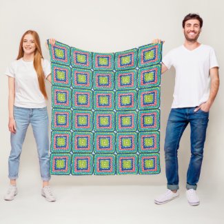 Snuggly Modern Retro Lime Blue Granny Square Fleece Blanket