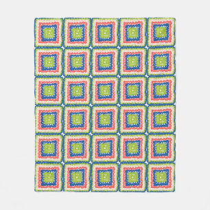 Snuggly Modern Retro Teal Coral Granny Square Fleece Blanket