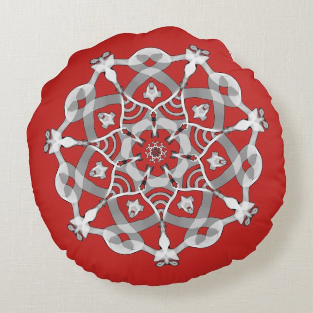 *~* Snugly White & Silver Red Mandala Round Pillow (Back)