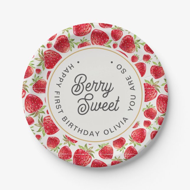 So Berry Sweet Strawberry Pattern Birthday Paper Plates (Front)
