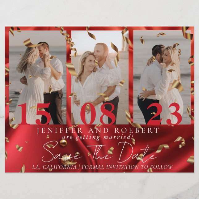 So Chic Red Photo Collage Save the Date Card Flyer (Front)