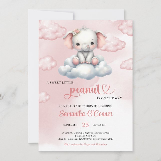 So Cute baby elephant on cloud little peanut  Invitation (Front)