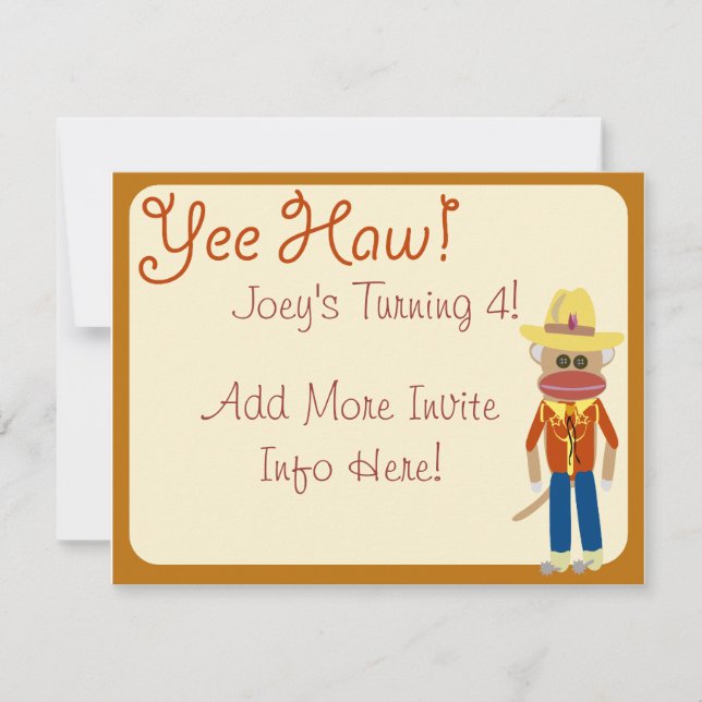 So Cute Cowboy Sock Monkey Invite (Front)