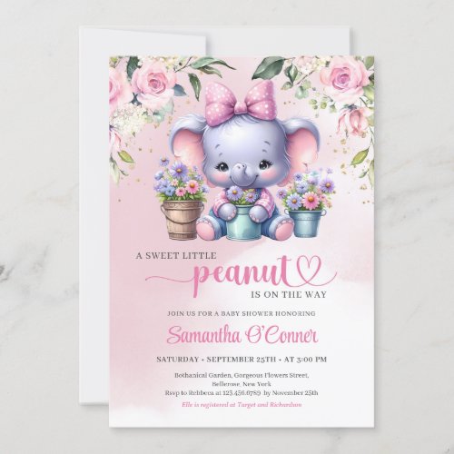 So cute elephant little peanut pastel pink floral invitation