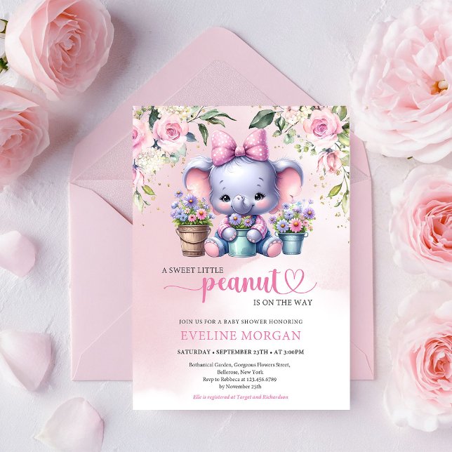 So cute elephant little peanut pastel pink floral invitation (Sweet Little Peanut Girl Baby Shower Invitation Digital Editable Template)