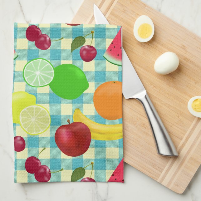 So Cute Fruit Aqua Checks Pattern Kitchen Towel (Quarter Fold)