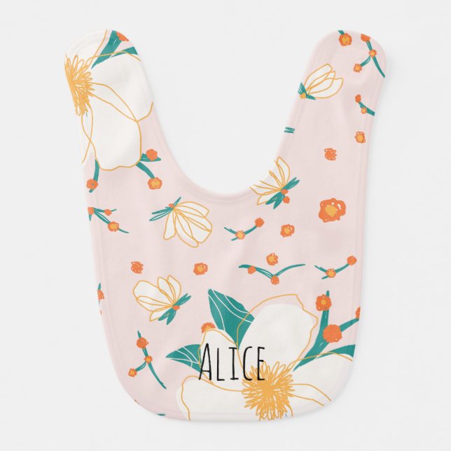 So cute girly monogrammed pinky flowers pattern baby bib (Front)