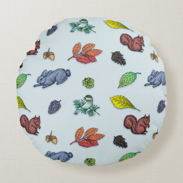 So Cute Woodland Animals Autumn Floral Round Pillow (Front)