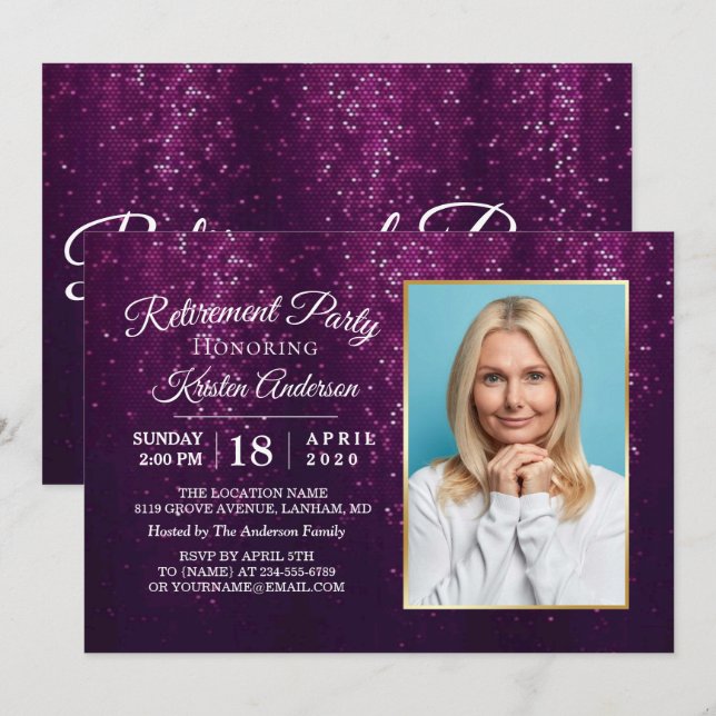 So Elegant Purple Glitter Gold Retirement Party Invitation (Front/Back)