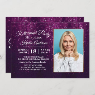 So Elegant Purple Glitter Gold Retirement Party Invitation