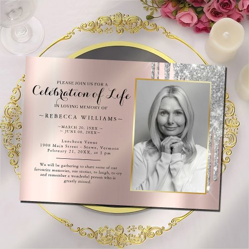 So Elegant Rose Gold Photo Celebration of life Invitation