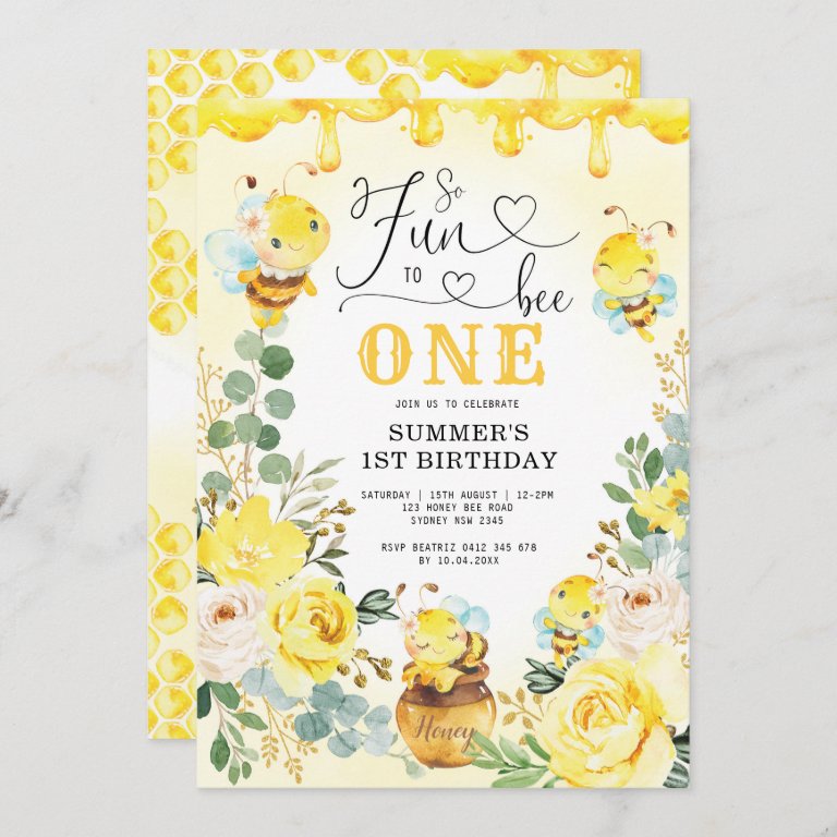 So Fun to Bee One Honeycomb Bee Birthday Party Invitation