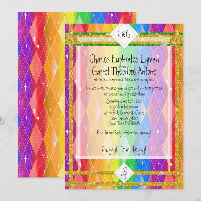 SO gay! Rainbow Argyle, Glitter Monogram Wedding I Invitation (Front/Back)