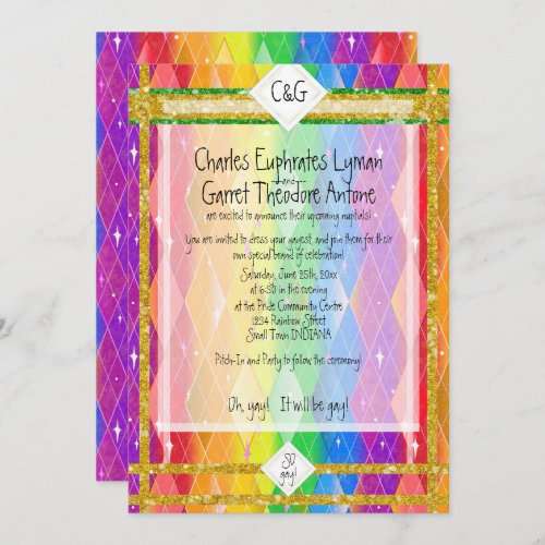 SO gay Rainbow Argyle Glitter Monogram Wedding I Invitation