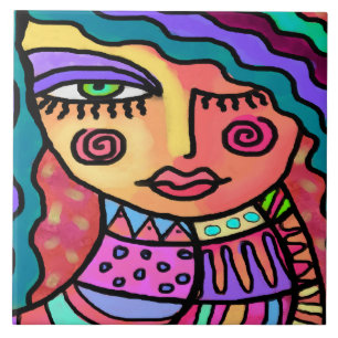 So Happy Abstract Digital Portrait of a Woman Ceramic Tile