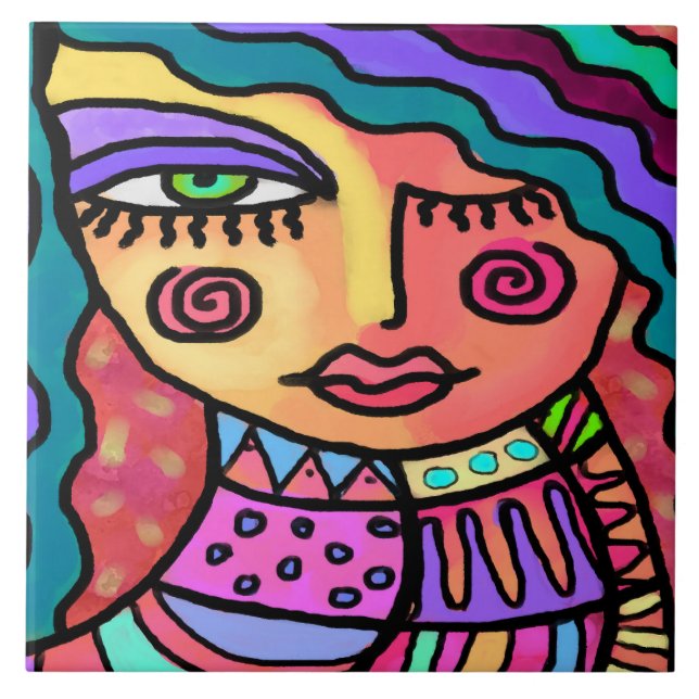 So Happy Abstract Digital Portrait of a Woman Ceramic Tile (Front)