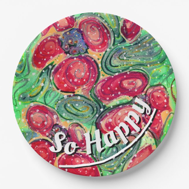 "So Happy" Red Flowers Fantasy Paper Plates (Front)