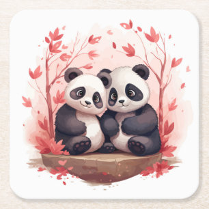 So Happy Together Panda pair Square Paper Coaster