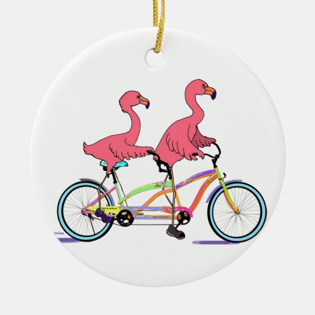 So Happy Together Tandem Flamingos Ceramic Ornament (Front)