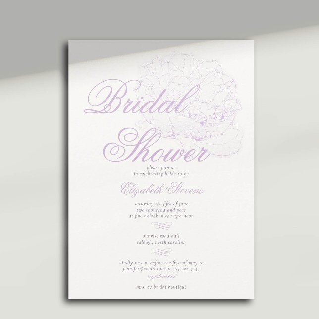 So Lilac Peony Calligraphy Elegant Bridal Shower Invitation (peony bridal shower invitation formal traditional calligraphy modern classic dreamy lilac)