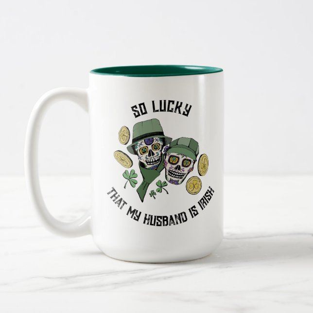So Lucky Irish Husband Sugar Skull Two-Tone Coffee Mug (Left)