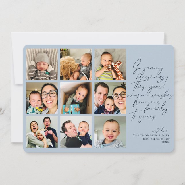 So Many Blessings Year Review Blue Photo Collage Holiday Card (Front)