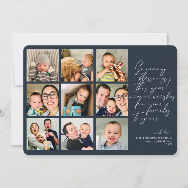 So Many Blessings Year Review Navy Photo Collage Holiday Card (Front)