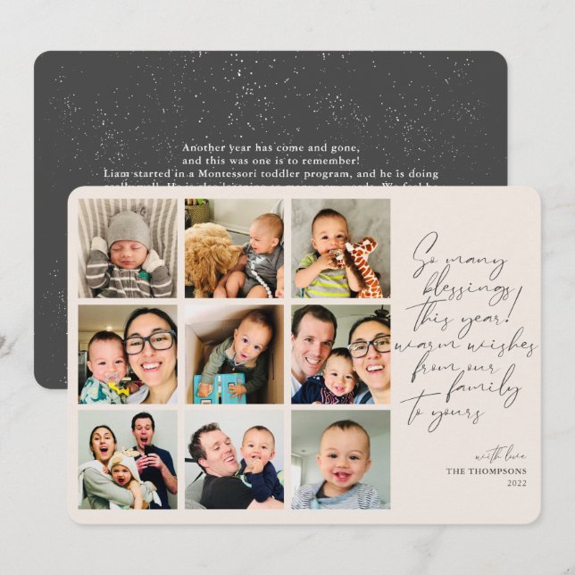 So Many Blessings Year Review Photo Collage Tan Holiday Card (Front/Back)