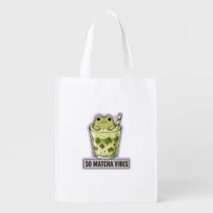 So Matcha Vibes Cute Kawaii Frog Meme Grocery Bag