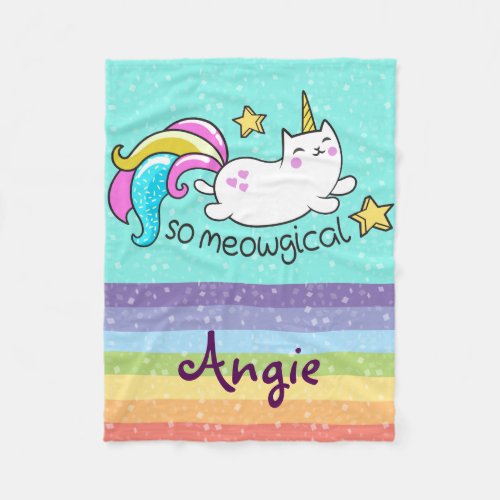 So Meowgical Cute Unicorn kitty glitter sparkles Fleece Blanket