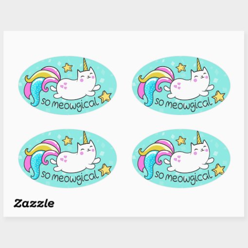 So Meowgical Cute Unicorn Kitty Glitter Sparkles Oval Sticker Zazzle