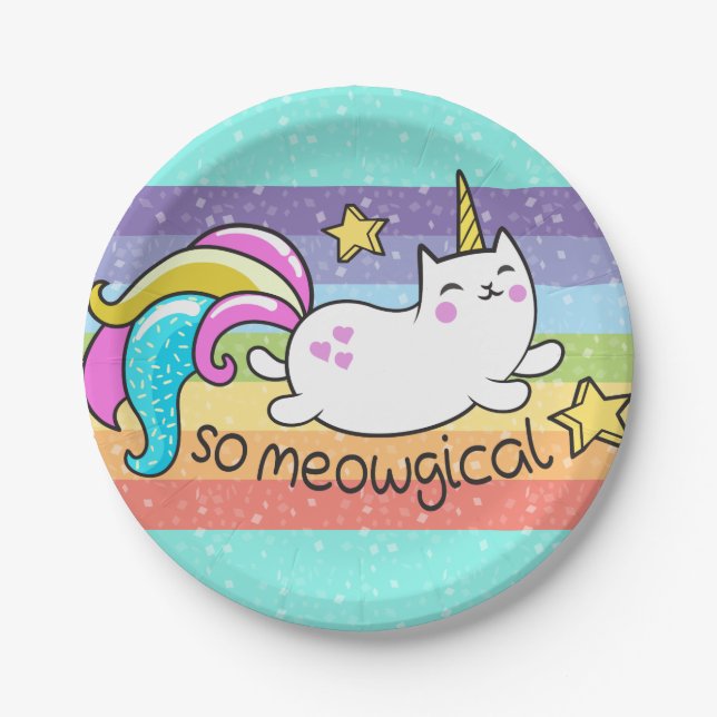 So Meowgical Cute Unicorn kitty glitter sparkles Paper Plates (Front)
