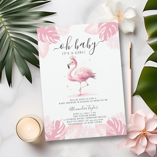 So Pink Flamingo Tiara Tropical Girl Baby Shower Invitation