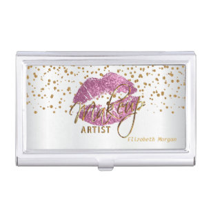 So Pink Glitter Lips and Gold Confetti Business Card Holder