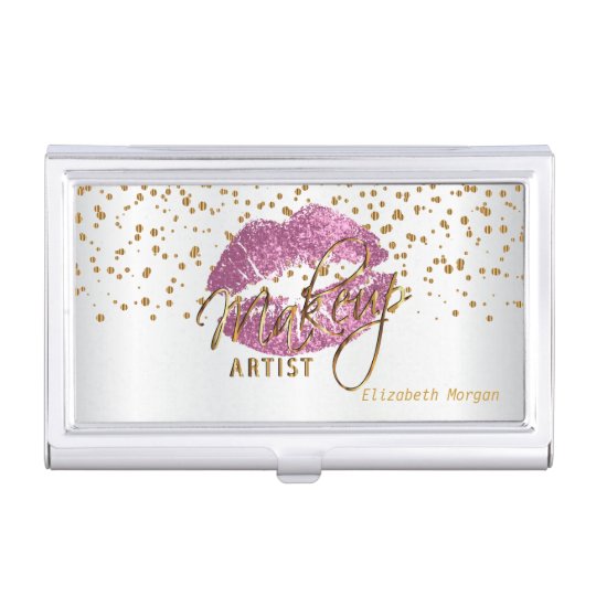 So Pink Glitter Lips and Gold Confetti Business Card Holder
